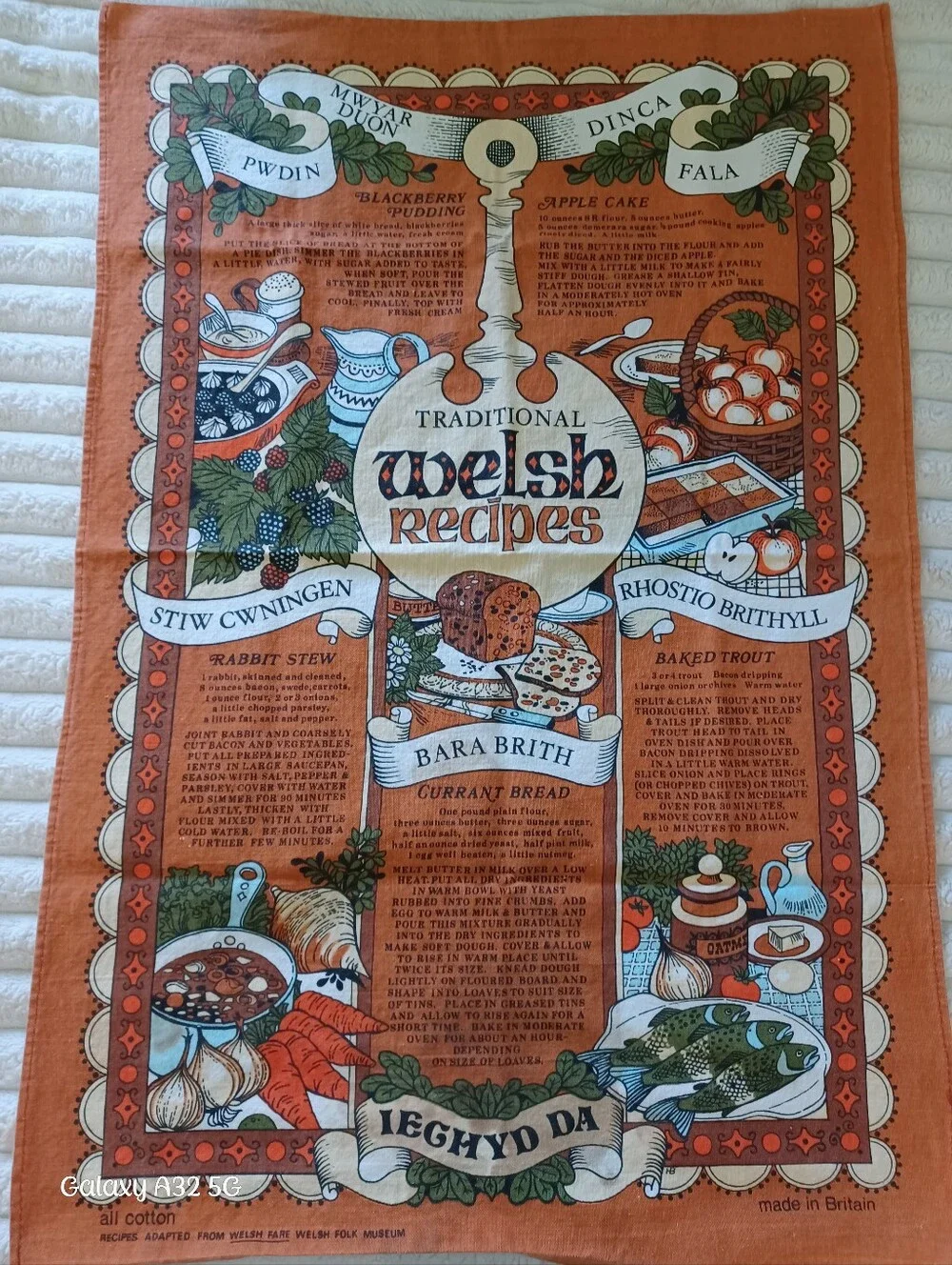 Vintage Traditional Welsh Recipes Cotton Tea Towel Orange Multicolor